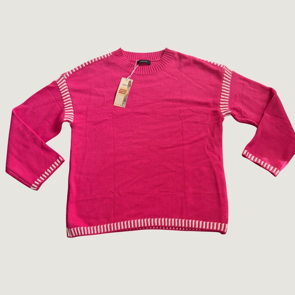 Dokotoo Sweater L Crewneck Contrast Stripe Acrylic Blend Relaxed Pink NEW